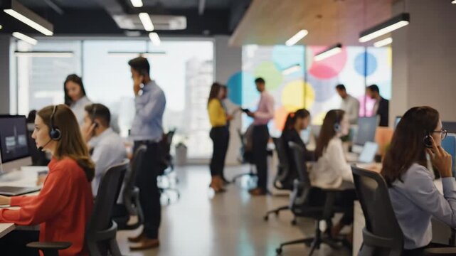 Diverse Professionals Collaborating in a Bright Modern Office Setting with Natural Light and Colorful Wall Art