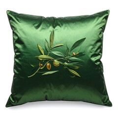Emerald green pillow with olive branch, detailed texture and a soft sheen