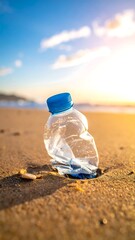 Empty water bottle rests on tan beach sand, ocean horizon, sunny skies blurred in the distance