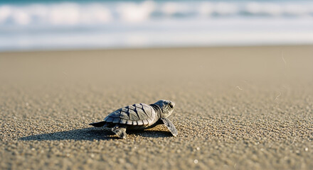 Baby turtle on sandy beach heading to ocean
