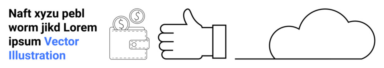 Obraz premium Digital banking, financial success, savings, cloud storage, online support, data security. Wallet with money, thumbs-up gesture and cloud icon. Digital banking and financial success concept