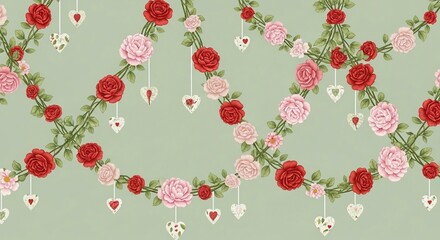 Floral Heart Pattern with Pink Red Flowers.