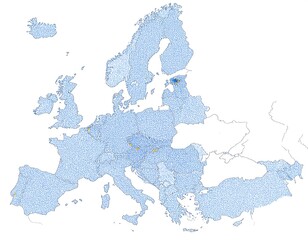 Europe's water system pale blue dotted nations, highlighted gold rivers, sparse background