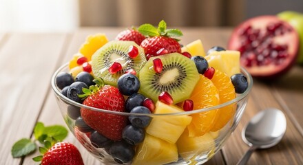 Fresh Fruit Salad in Glass Bowl.