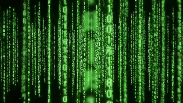 Green Binary Code Streaming Down Computer Screen in Dark Background