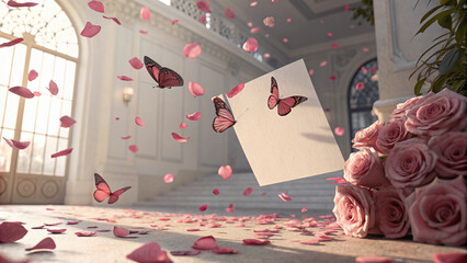 Luxury Valentine Blank Card Surrounded by Rose-Petal Butterflies in Pastel Spring Light