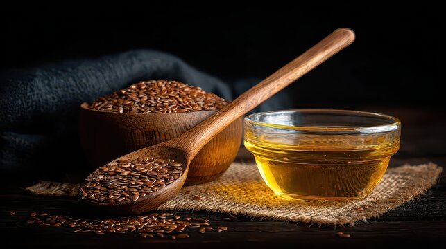 Flax Seeds in Wooden Bowl with Golden Oil in Glass Cup Dark Moody Still Life Food Photography on Jute Cloth in Rustic Wood Background