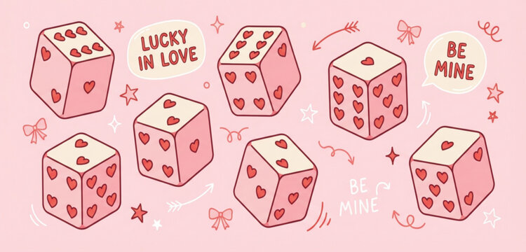 Love Dice with Valentine's day Theme: Illustrated dice featuring hearts and sweet messages on a soft pink background. Perfect for Valentine's Day.