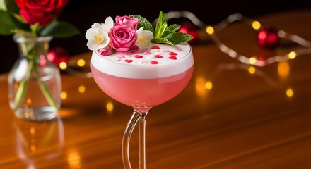 Pink Cocktail with Rose Garnish on Wooden Table.