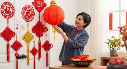 Woman Decorating Home with Chinese Lanterns.