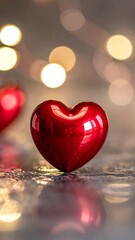 Glossy red heart on a textured surface, blurred lights in the background create a festive ambiance