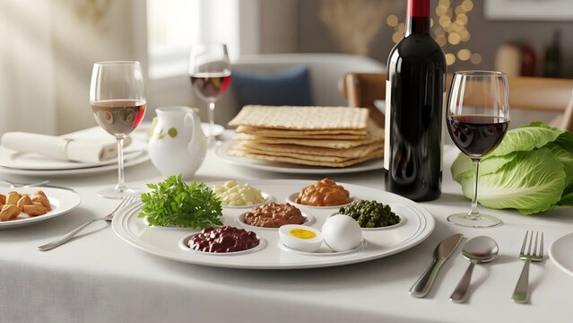 A beautifully set Passover Seder table featuring a traditional Seder plate with symbolic foods, matzah, red wine, and wine glasses, ready for the holiday meal.
