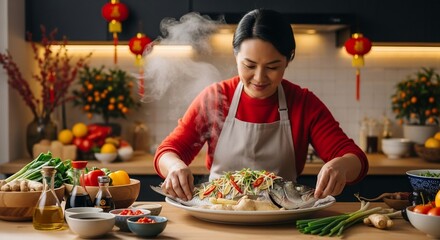 Woman Preparing Asian Dish in Modern Kitchen.