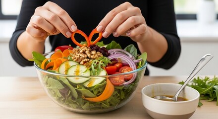 Woman Preparing Fresh Mixed Green Salad.