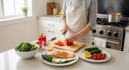 Woman Preparing Healthy Meal in Kitchen.
