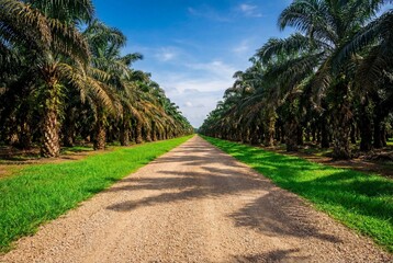 Straight gravel road stretching through rows of green palm oil trees under a bright blue sky
