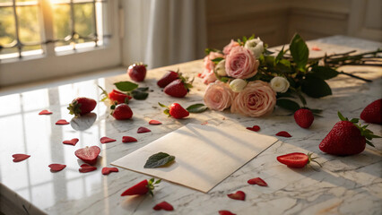 Luxury Lifestyle Valentine Background with Blank Paper, Fresh Berries, and Spring Flowers