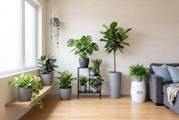 Fototapeta premium Collection of lush green houseplants arranged in a bright modern living room near a large window