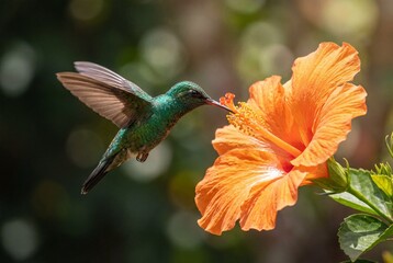Obraz premium Small green hummingbird hovering and feeding on sweet nectar from a blooming orange hibiscus flower