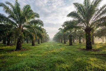 Obraz premium Tropical palm oil farm with orderly rows of mature trees and grassy ground at sunrise