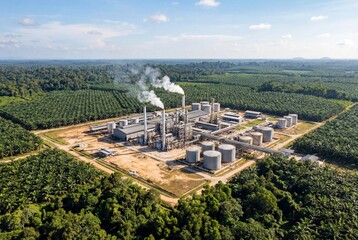Obraz premium Aerial view of industrial palm oil refinery plant emitting smoke amidst green tropical plantation