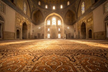 Obraz premium Majestic mosque interior bathed in morning sunlight with dome and arches
