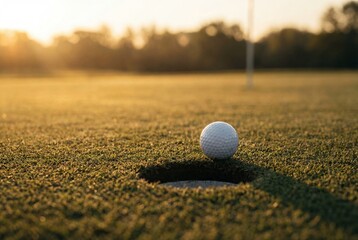 White golf ball resting on the edge of the cup on a putting green course with golden sunset light
