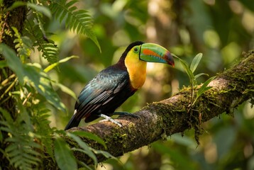 Obraz premium Keel billed toucan perched on a mossy branch in the lush green tropical rainforest jungle