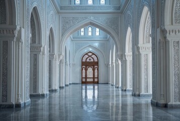 Fototapeta premium Elegant white islamic architecture interior with symmetrical arches and polished marble floor