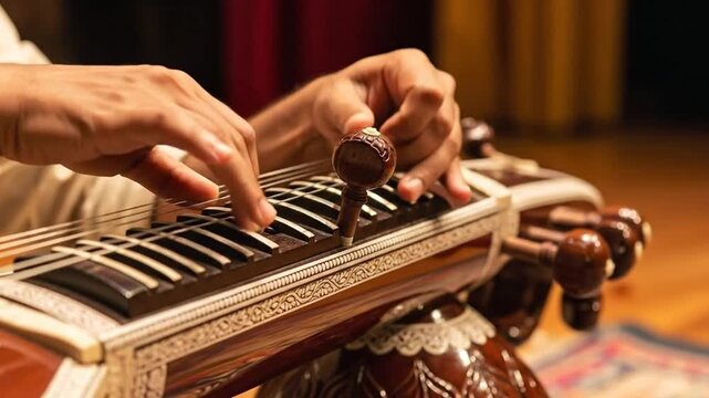 Close-up of a musician playing a sitar, a stringed instrument used in Hindustani classical music