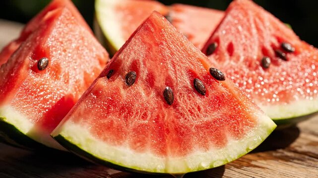 Close up of juicy red watermelon slices with black seeds on a rustic wooden surface outdoors