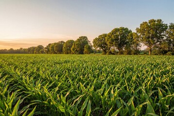 Obraz premium Green corn field landscape with a row of trees under a warm sunset sky in summer