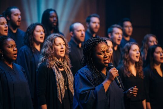 Emotional gospel choir performance featuring female soloist holding microphone