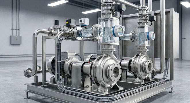 Industrial stainless steel pump system with clear pipes and digital meters in a clean facility