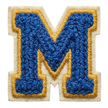 Varsity letter M patch in blue and gold crochet