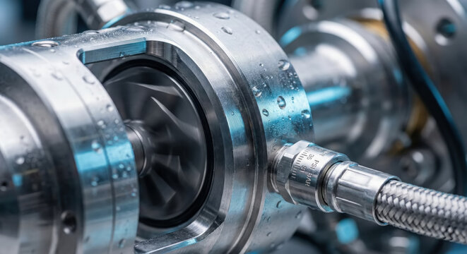 Close-up of a spinning turbine impeller inside a wet, metallic industrial pump housing