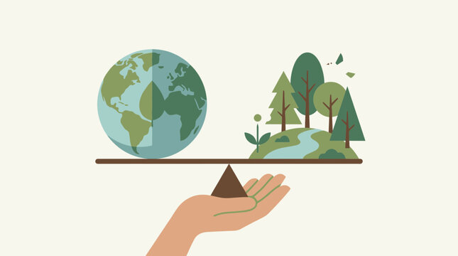Hand holding eco friendly earth with trees on balance