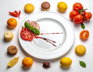 Food art with sliced tomato, basil, and red onion decorates a plate surrounded by citrus, macarons, and tomatoes