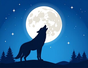 Obraz premium A wolf howls at a full moon surrounded by trees and stars