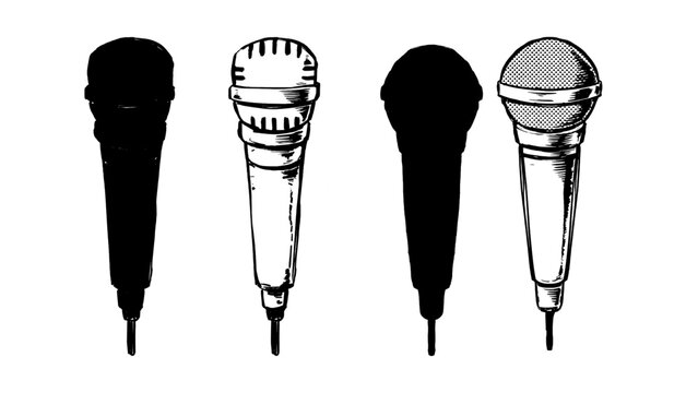 Set of microphone illustrations in different styles. Hand drawn vocal mic sketches from silhouette to detailed line art for music, podcast, and stage concept.
