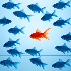 Group of blue fish surrounding a single orange fish on a light blue gradient, facing left