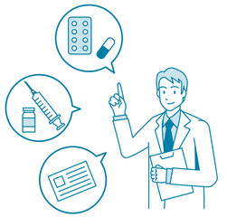 Medical icon of doctor explaining about medicine and injection, simple flat design illustration