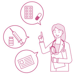 Medical icon of a female doctor explaining about medicine and injections, simple flat design illustration