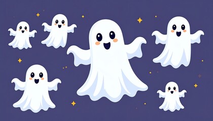 Group of cute cartoon ghosts with large eyes and smiling faces, amidst small golden stars on a dark purple background
