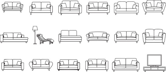 Line of various sofas and couches with pillows and a chaise lounge and a tv stand and lamp on white background