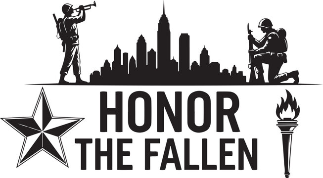 Honor the fallen memorial with soldiers city skyline star and torch