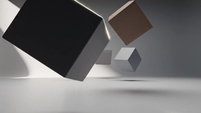 Three dimensional cubes in black, gray, and brown colors in mid-air against a gradient background.