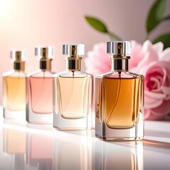 Four transparent, rectangular perfume bottles of varying shades stand against a soft pink floral backdrop, reflecting light