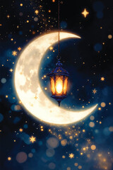 A glowing moon and bright stars illuminate the dark blue night sky in this starry cosmos illustration of the galaxy and universe  Would you like me to generate a similar image for you based on this de © MRIDUL