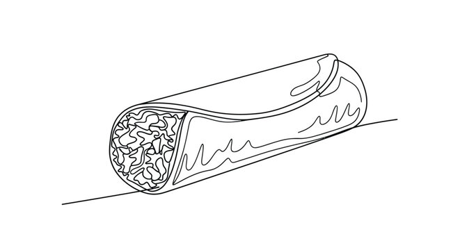 Hand drawn sketch illustration of a delicious burrito filled with fresh ingredients on a clean white background
